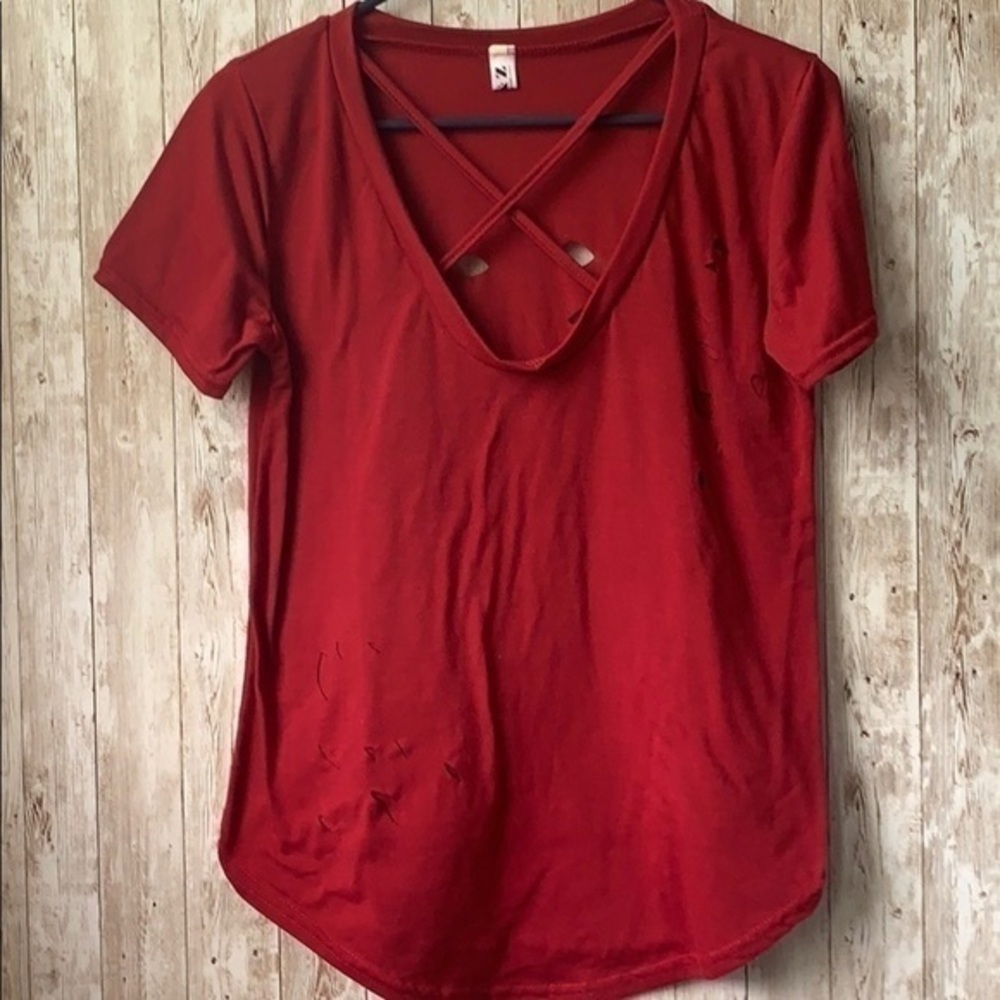 X & Z Red Ripped Criss Cross T-Shirt